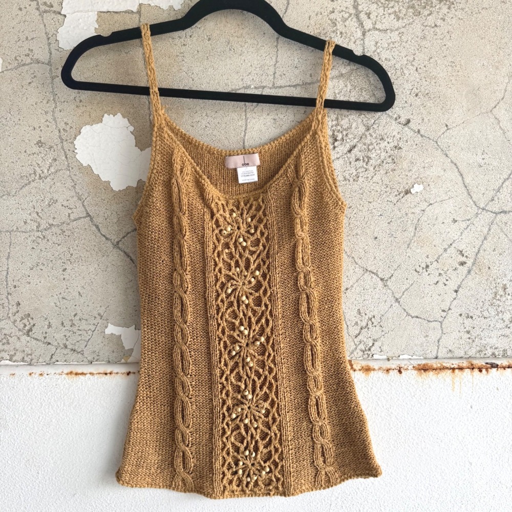 Y2K Boho Tank‎ Top Crochet Beaded Knit Cami Festival Resort Coastal Summer L